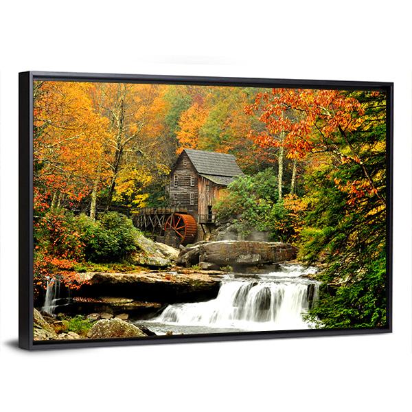 Old Mill & Waterfall Canvas Wall Art-5 Horizontal-Gallery Wrap-22" x 12"-Tiaracle