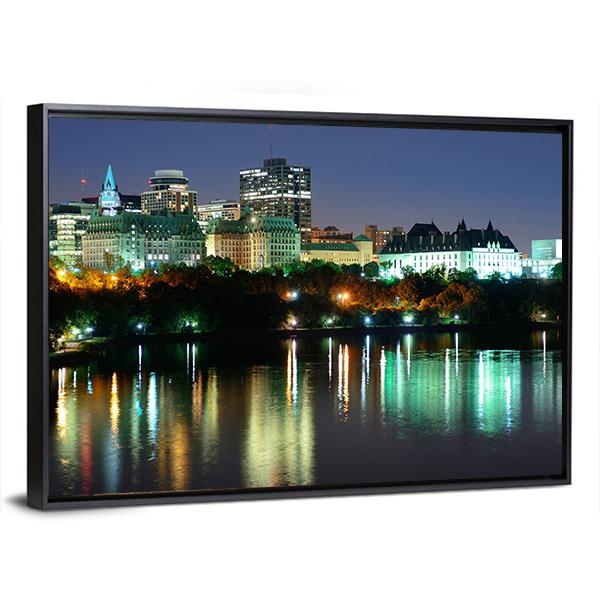 Ottawa At Night Over River Canvas Wall Art-3 Horizontal-Gallery Wrap-25" x 16"-Tiaracle