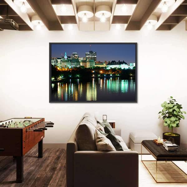 Ottawa At Night Over River Canvas Wall Art-3 Horizontal-Gallery Wrap-25" x 16"-Tiaracle