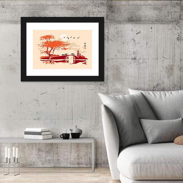 Pagoda Bridge And Birds At Sunset Canvas Wall Art-3 Horizontal-Gallery Wrap-25" x 16"-Tiaracle