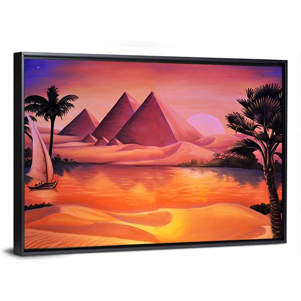 Painting Of Pyramid Ancient Egypt And Nile River Canvas Wall Art-3 Horizontal-Gallery Wrap-25" x 16"-Tiaracle