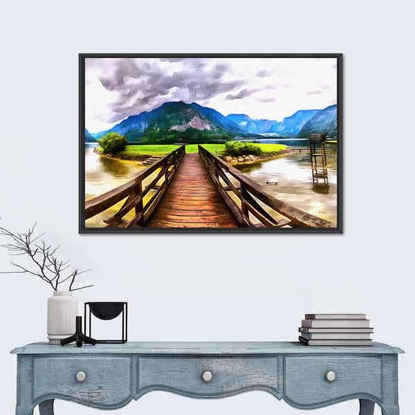 Painting Of Wooden Bridge Canvas Wall Art-1 Piece-Floating Frame-36" x 24"-Tiaracle