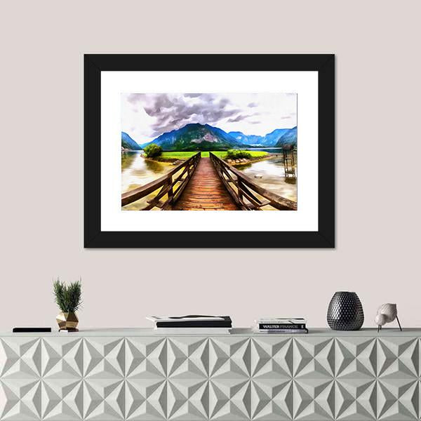 Painting Of Wooden Bridge Canvas Wall Art-1 Piece-Framed Print-42" x 14"-Tiaracle