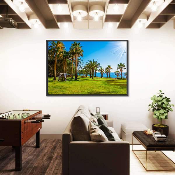 Palm Grove & Green Grass Lawn Canvas Wall Art-3 Horizontal-Gallery Wrap-25" x 16"-Tiaracle