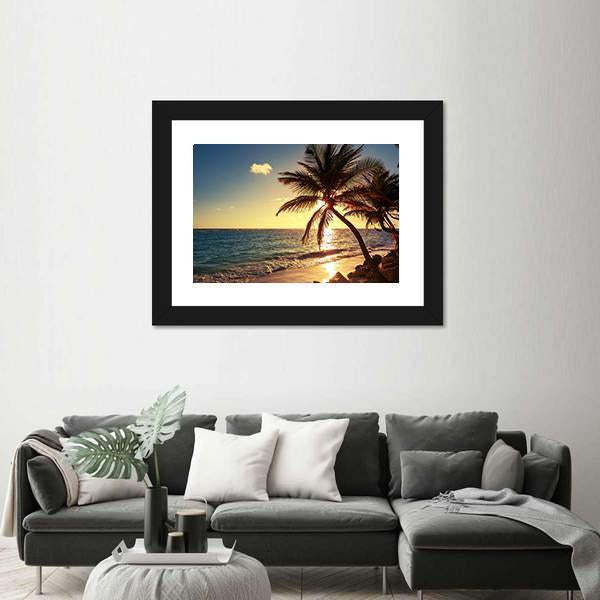 Palm Tree On Tropical Beach Canvas Wall Art-1 Piece-Framed Print-20" x 16"-Tiaracle