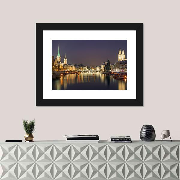 Panorama Of Zurich At Night Canvas Wall Art-5 Horizontal-Gallery Wrap-22" x 12"-Tiaracle