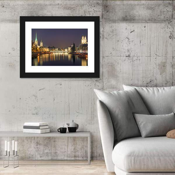 Panorama Of Zurich At Night Canvas Wall Art-5 Horizontal-Gallery Wrap-22" x 12"-Tiaracle
