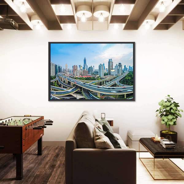 Panoramic View Of City Elevated Road Junction In Blue Sky Shanghai Canvas Wall Art-5 Horizontal-Gallery Wrap-22" x 12"-Tiaracle