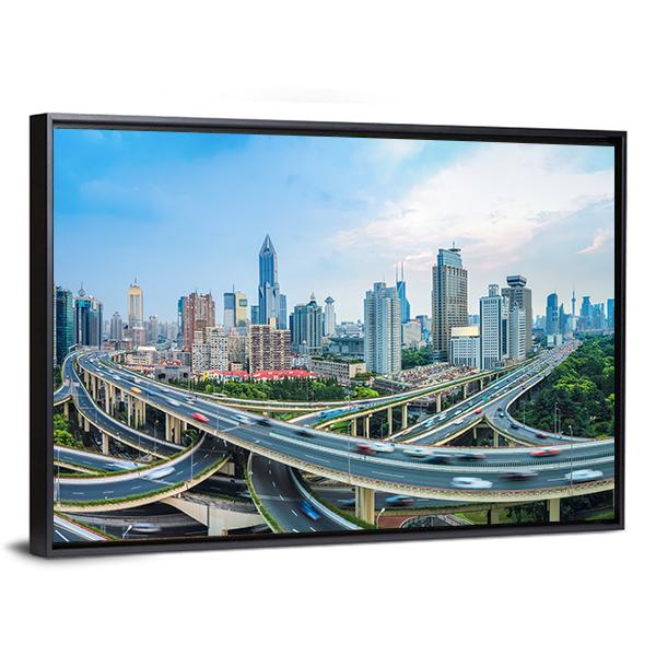 Panoramic View Of City Elevated Road Junction In Blue Sky Shanghai Canvas Wall Art-5 Horizontal-Gallery Wrap-22" x 12"-Tiaracle