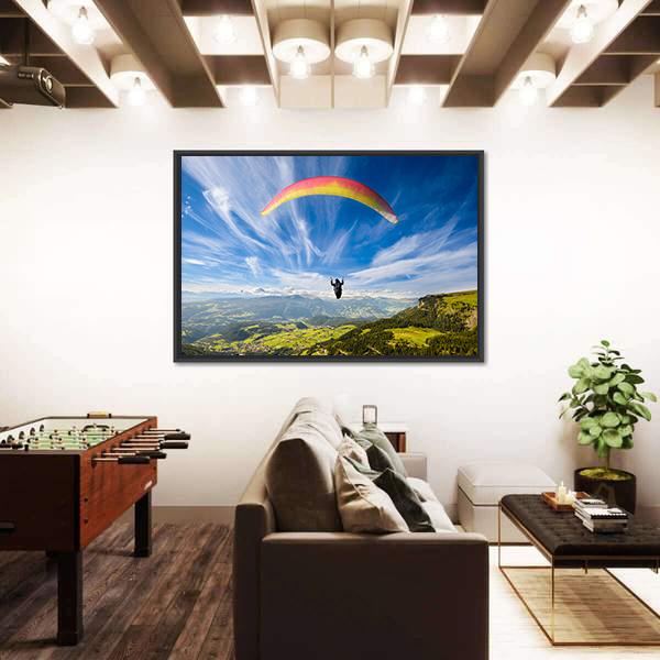Paraglider Flying Over Mountains In Summer Day Canvas Wall Art-5 Horizontal-Gallery Wrap-22" x 12"-Tiaracle