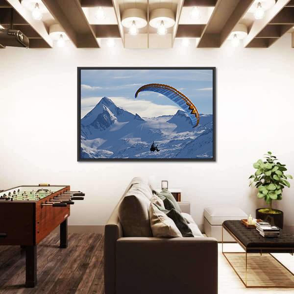 Paragliding Over Mountain In Winter Canvas Wall Art-5 Horizontal-Gallery Wrap-22" x 12"-Tiaracle