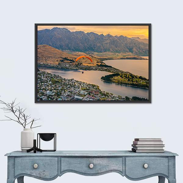 Paragliding over Queenstown and Lake Wakaitipu Canvas Wall Art-1 Piece-Floating Frame-36" x 24"-Tiaracle