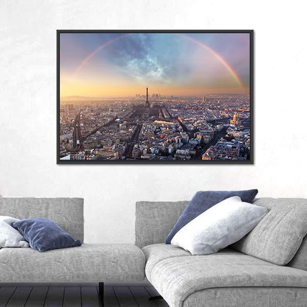 Paris With Rainbow - Skyline Canvas Wall Art-5 Horizontal-Gallery Wrap-22" x 12"-Tiaracle