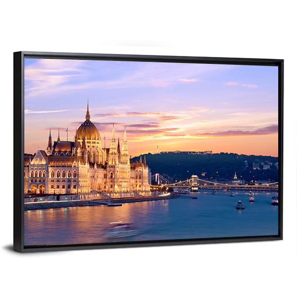 Parliament & Danube River Canvas Wall Art-5 Horizontal-Gallery Wrap-22" x 12"-Tiaracle