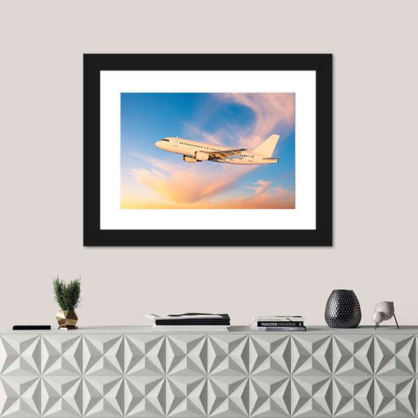Passenger Plane Flies In Sky Canvas Wall Art-1 Piece-Framed Print-20" x 16"-Tiaracle