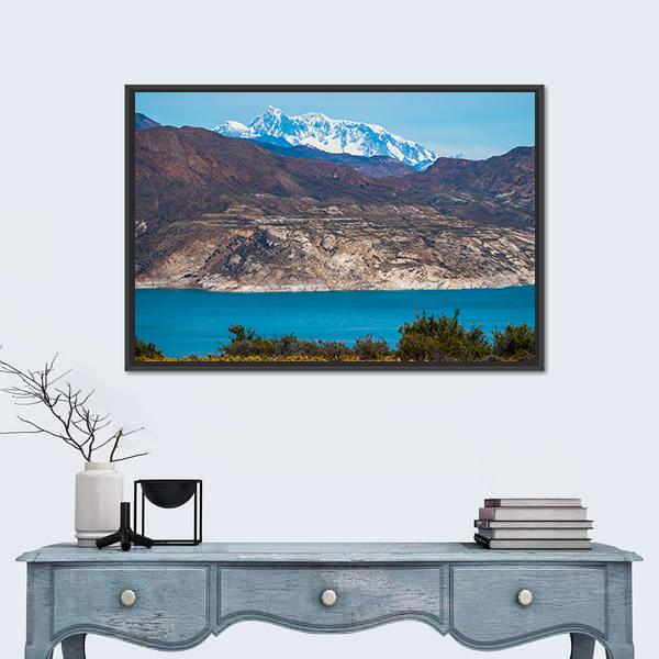 Patagonian Landscape With Mountains And Blue Lake Canvas Wall Art-1 Piece-Floating Frame-24" x 16"-Tiaracle