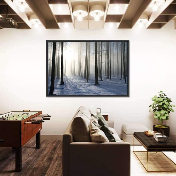 Path In The Misty Winter Forest Backlit By The Morning Sun Canvas Wall Art-3 Horizontal-Gallery Wrap-25" x 16"-Tiaracle