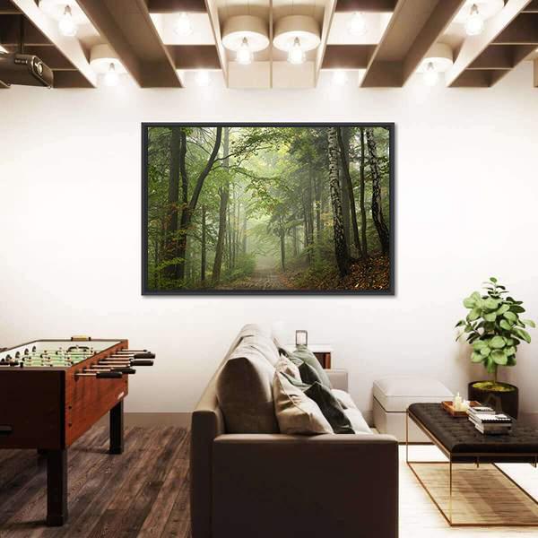 Path Through The Beech Forest In Foggy Weather Canvas Wall Art-5 Horizontal-Gallery Wrap-22" x 12"-Tiaracle