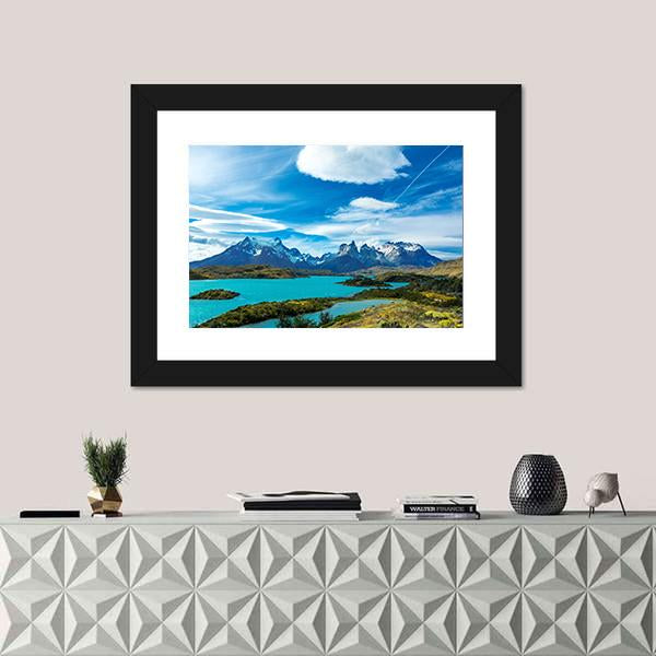 Pehoe Lake And Guernos Mountains Canvas Wall Art-1 Piece-Framed Print-42" x 14"-Tiaracle