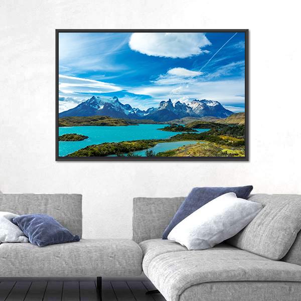 Pehoe Lake And Guernos Mountains Canvas Wall Art-5 Horizontal-Gallery Wrap-22" x 12"-Tiaracle