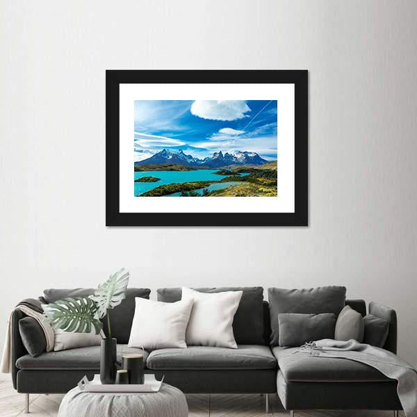 Pehoe Lake And Guernos Mountains Canvas Wall Art-5 Horizontal-Gallery Wrap-22" x 12"-Tiaracle