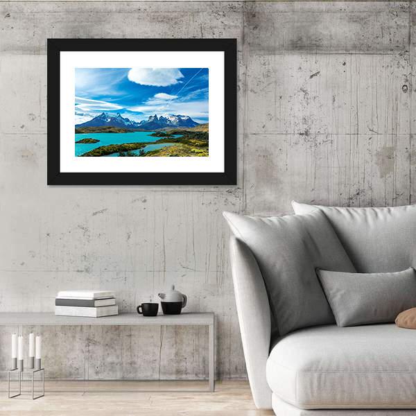 Pehoe Lake And Guernos Mountains Canvas Wall Art-3 Horizontal-Gallery Wrap-25" x 16"-Tiaracle