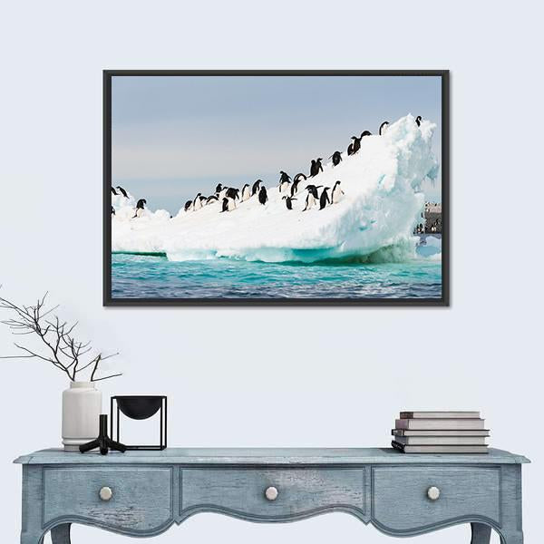 Penguins Colony On Iceberg Antarctica Canvas Wall Art-1 Piece-Floating Frame-24" x 16"-Tiaracle