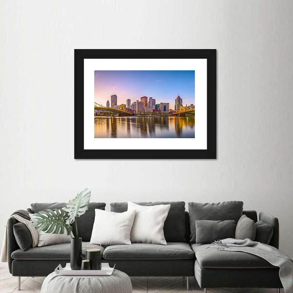 Pennsylvania Skyline On The Allegheny River Canvas Wall Art-1 Piece-Framed Print-20" x 16"-Tiaracle