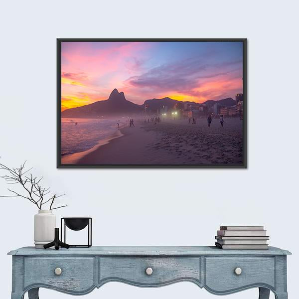 People Enjoy The Ipanema Beach At Sunset Canvas Wall Art-1 Piece-Floating Frame-24" x 16"-Tiaracle
