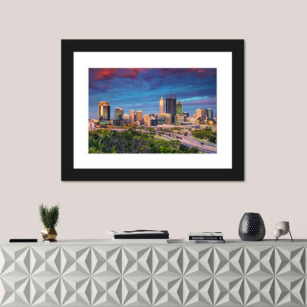 Perth Skyline During Sunset Canvas Wall Art-1 Piece-Framed Print-20" x 16"-Tiaracle