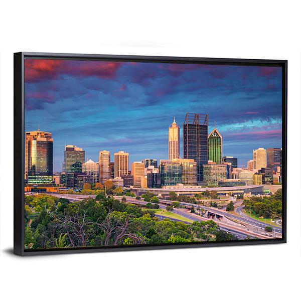 Perth Skyline During Sunset Canvas Wall Art-3 Horizontal-Gallery Wrap-25" x 16"-Tiaracle