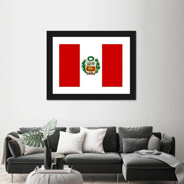 Peruvian Flag With National Emblem Canvas Wall Art-1 Piece-Framed Print-20" x 16"-Tiaracle