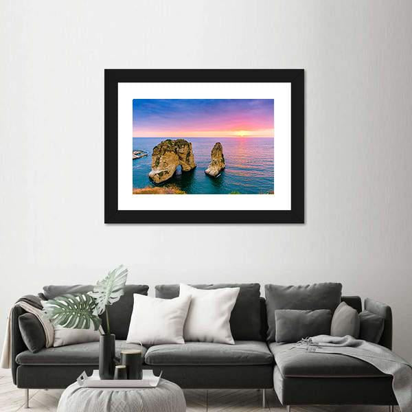 Pigeons Rock At Sunset Canvas Wall Art-1 Piece-Framed Print-42" x 14"-Tiaracle
