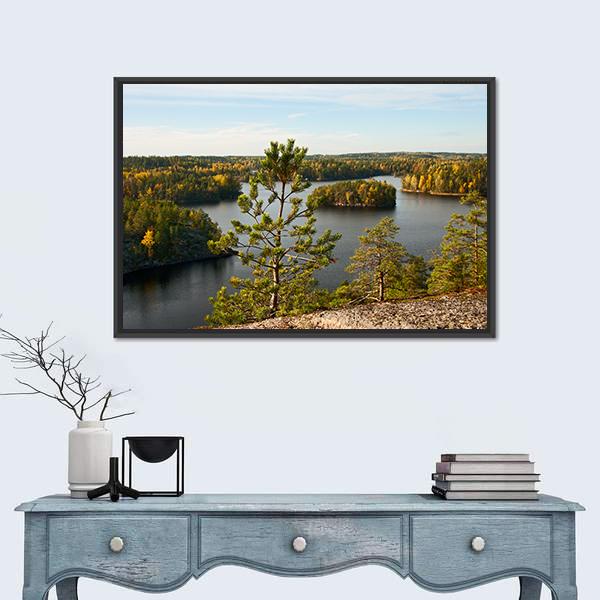 Pine Tree Autumn Lake Landscape Canvas Wall Art-1 Piece-Floating Frame-24" x 16"-Tiaracle