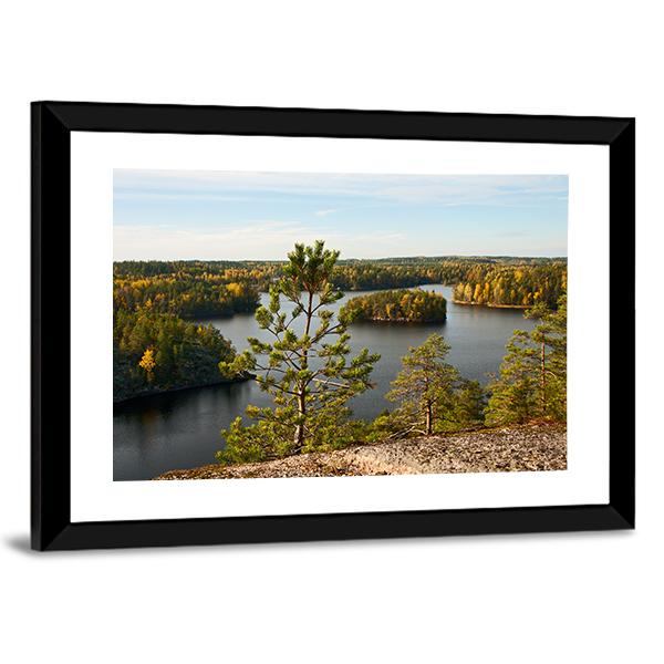 Pine Tree Autumn Lake Landscape Canvas Wall Art-3 Horizontal-Gallery Wrap-25" x 16"-Tiaracle