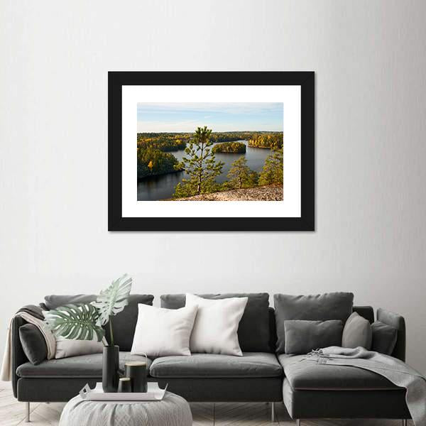 Pine Tree Autumn Lake Landscape Canvas Wall Art-3 Horizontal-Gallery Wrap-25" x 16"-Tiaracle