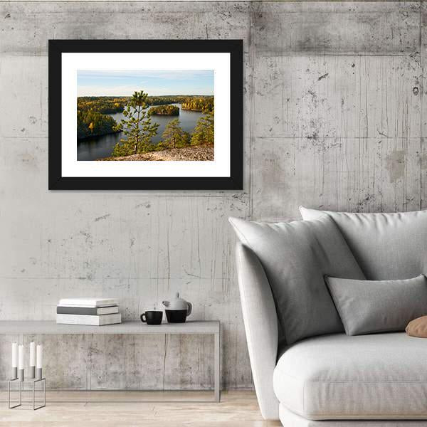 Pine Tree Autumn Lake Landscape Canvas Wall Art-3 Horizontal-Gallery Wrap-25" x 16"-Tiaracle
