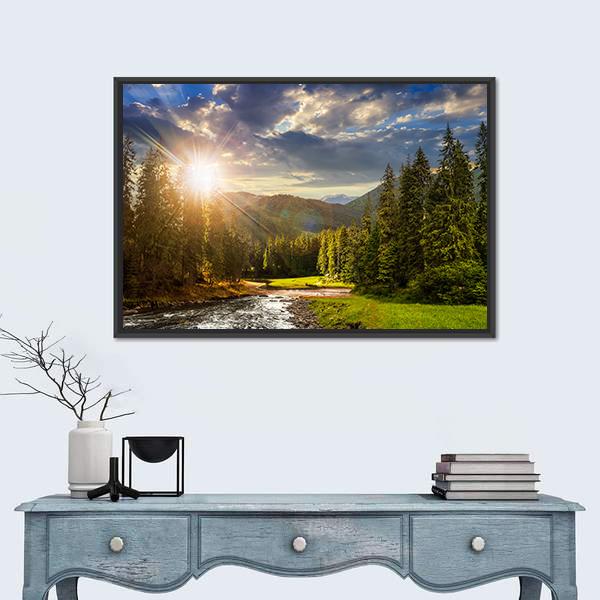Pine Trees In Mountains And A River Canvas Wall Art-1 Piece-Floating Frame-36" x 24"-Tiaracle