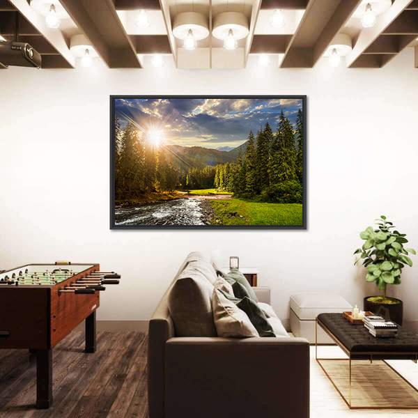 Pine Trees In Mountains And A River Canvas Wall Art-5 Horizontal-Gallery Wrap-22" x 12"-Tiaracle