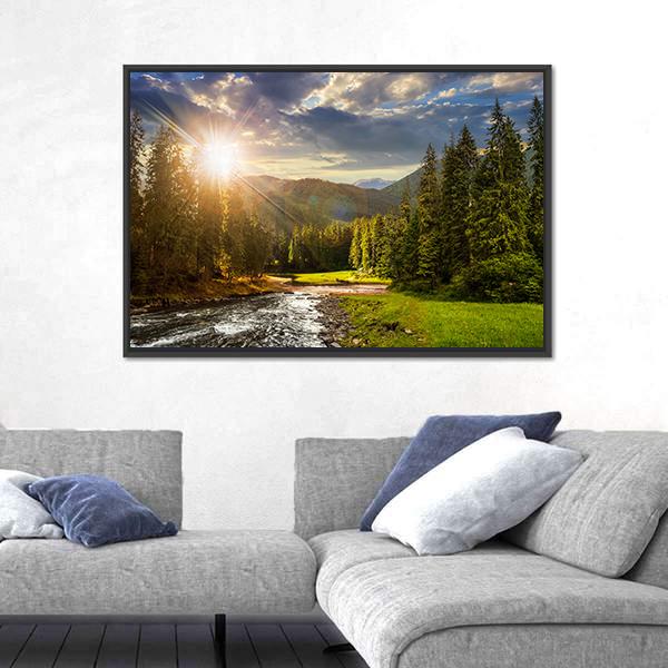 Pine Trees In Mountains And A River Canvas Wall Art-5 Horizontal-Gallery Wrap-22" x 12"-Tiaracle