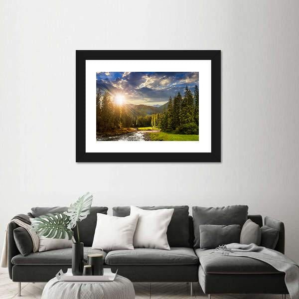 Pine Trees In Mountains And A River Canvas Wall Art-5 Horizontal-Gallery Wrap-22" x 12"-Tiaracle