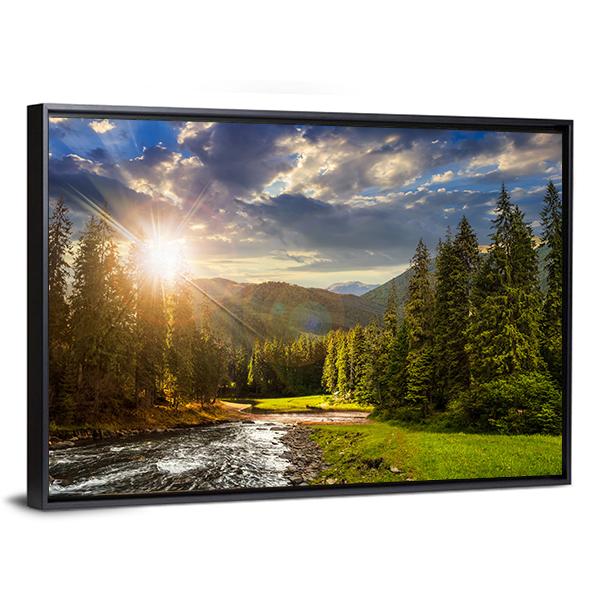 Pine Trees In Mountains And A River Canvas Wall Art-5 Horizontal-Gallery Wrap-22" x 12"-Tiaracle