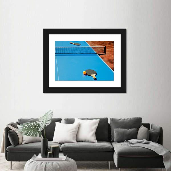 Ping Pong Ball With Paddle On Tennis Table Canvas Wall Art-5 Horizontal-Gallery Wrap-22" x 12"-Tiaracle