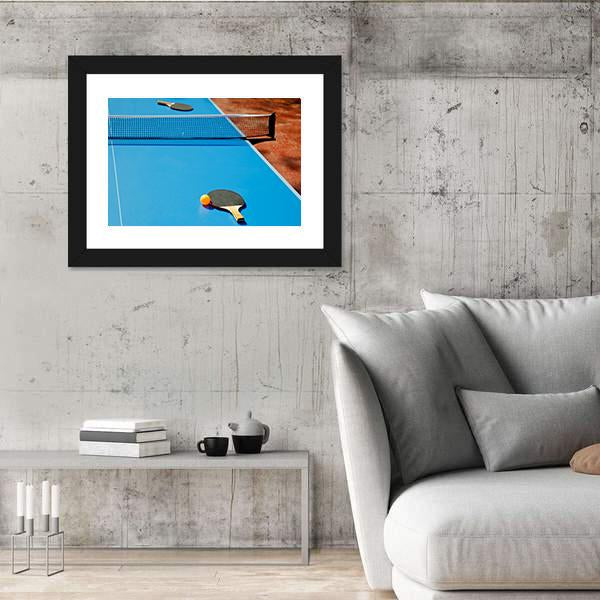 Ping Pong Ball With Paddle On Tennis Table Canvas Wall Art-5 Horizontal-Gallery Wrap-22" x 12"-Tiaracle