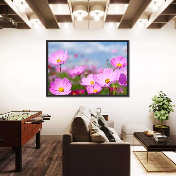 Pink Cosmos Field And Sky Canvas Wall Art-3 Horizontal-Gallery Wrap-25" x 16"-Tiaracle