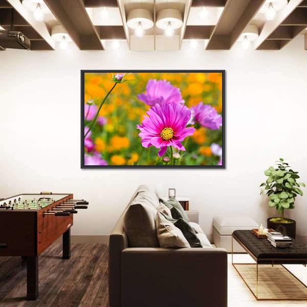 Pink Cosmos In The Flower Fields Canvas Wall Art-3 Horizontal-Gallery Wrap-25" x 16"-Tiaracle
