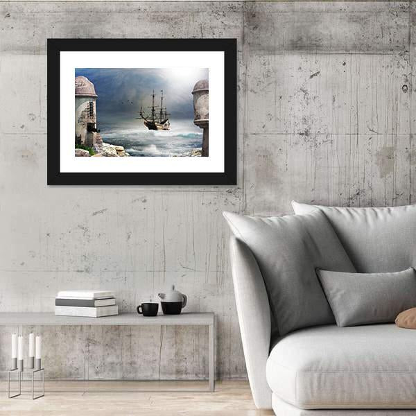 Pirate Ship Anchored In Bay Of A Fort Canvas Wall Art-3 Horizontal-Gallery Wrap-25" x 16"-Tiaracle