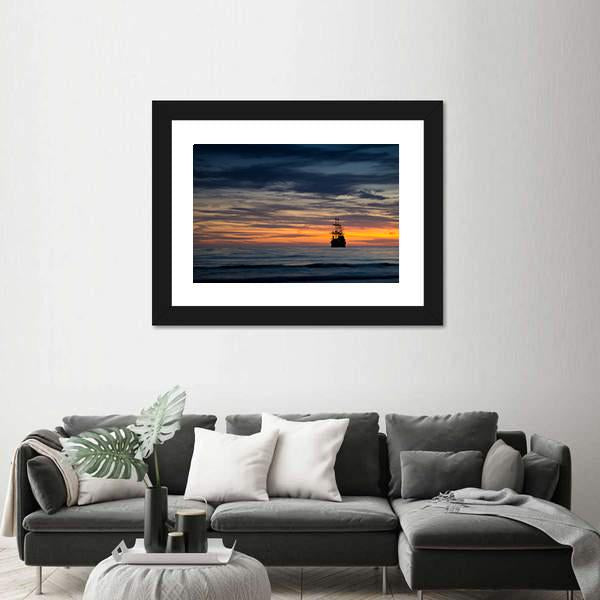 Pirate Ship At Sunset Canvas Wall Art-3 Horizontal-Gallery Wrap-25" x 16"-Tiaracle