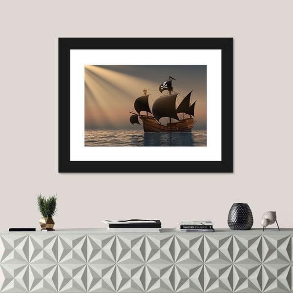 Pirate Ship In Rays Of The Sun Canvas Wall Art-1 Piece-Framed Print-20" x 16"-Tiaracle