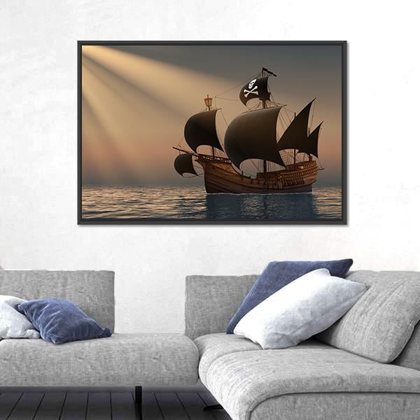 Pirate Ship In Rays Of The Sun Canvas Wall Art-3 Horizontal-Gallery Wrap-25" x 16"-Tiaracle